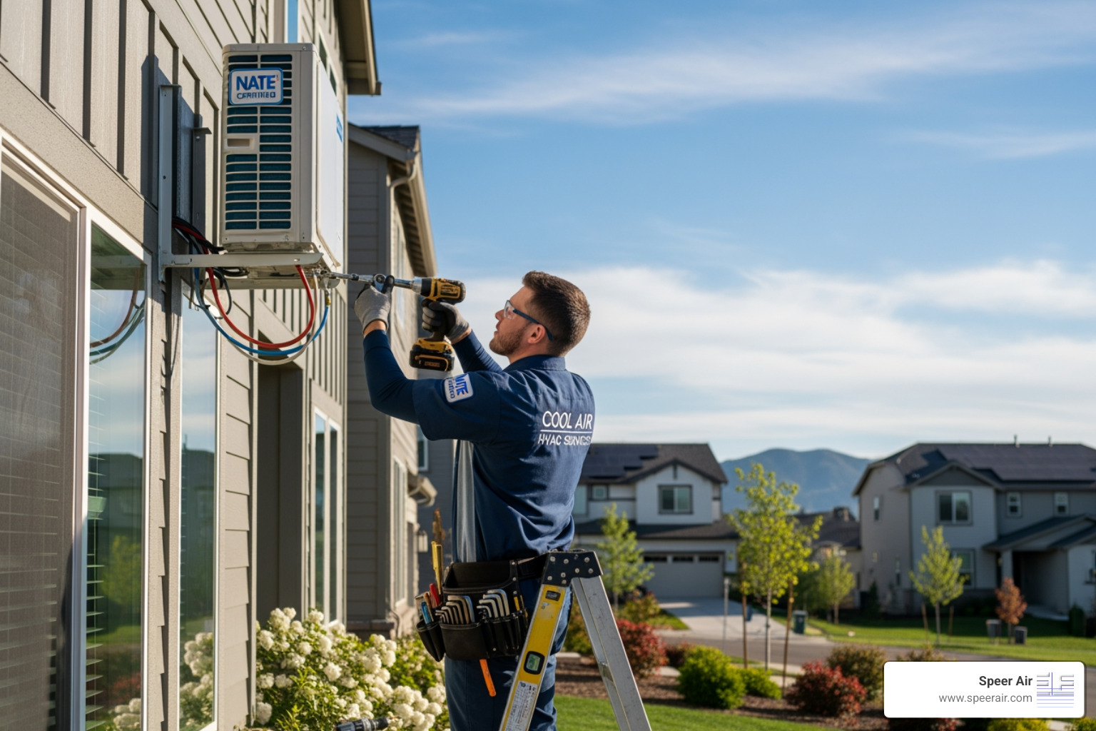 Image of a NATE-certified technician professionally installing an outdoor mini-split unit. - mini split installation denville Image of a NATE-certified technician professionally installing an outdoor mini-split unit. - mini split installation denville