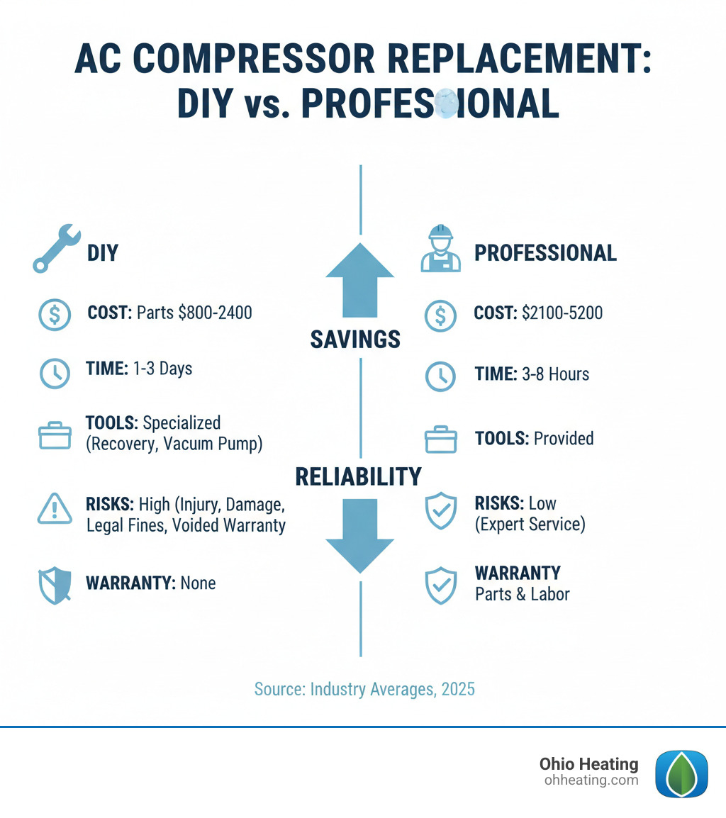 comparison of DIY vs professional AC compressor replacement - AC compressor replacement infographic 