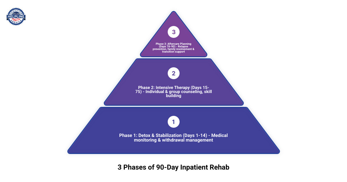 infographic showing three phases of 90-day rehab: Phase 1 Detox & Stabilization (Days 1-14) with medical monitoring and withdrawal management, Phase 2 Intensive Therapy (Days 15-75) with individual counseling, group therapy, and skill building, Phase 3 Aftercare Planning (Days 76-90) with relapse prevention, family involvement, and transition support - 90 day inpatient rehab programs near me infographic 3_stage_pyramid