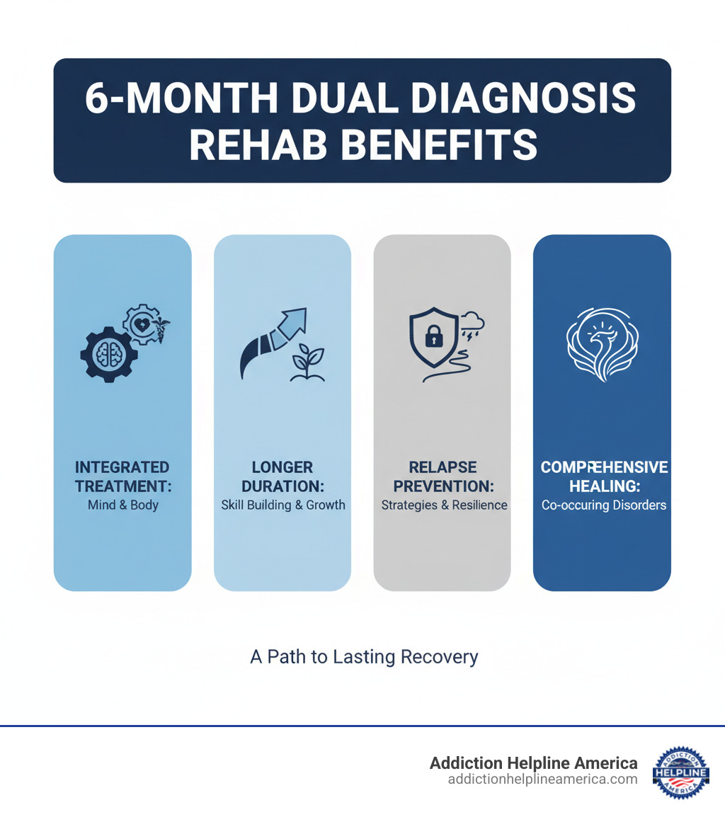 Infographic on the benefits of 6-month inpatient dual diagnosis rehab, showing integrated treatment, longer duration for skill building, relapse prevention, and comprehensive healing for co-occurring disorders. - 6 month inpatient drug rehab dual diagnosis programs near me infographic Infographic on the benefits of 6-month inpatient dual diagnosis rehab, showing integrated treatment, longer duration for skill building, relapse prevention, and comprehensive healing for co-occurring disorders. - 6 month inpatient drug rehab dual diagnosis programs near me infographic