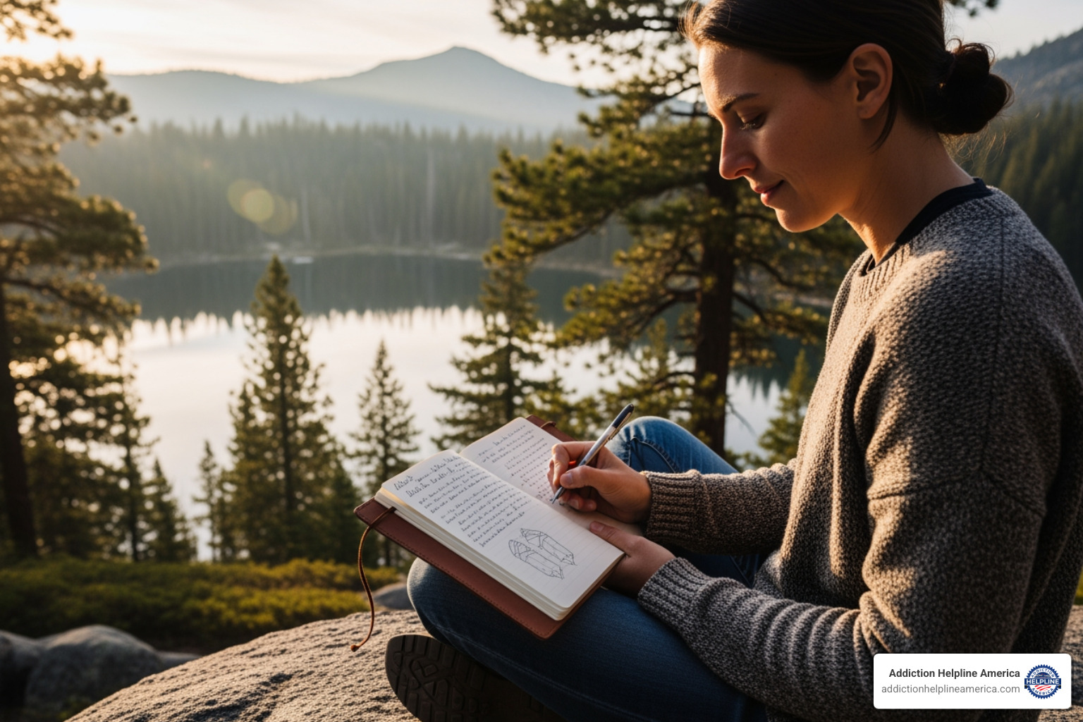 person looking hopeful while journaling outdoors - 90 day inpatient rehab programs near me