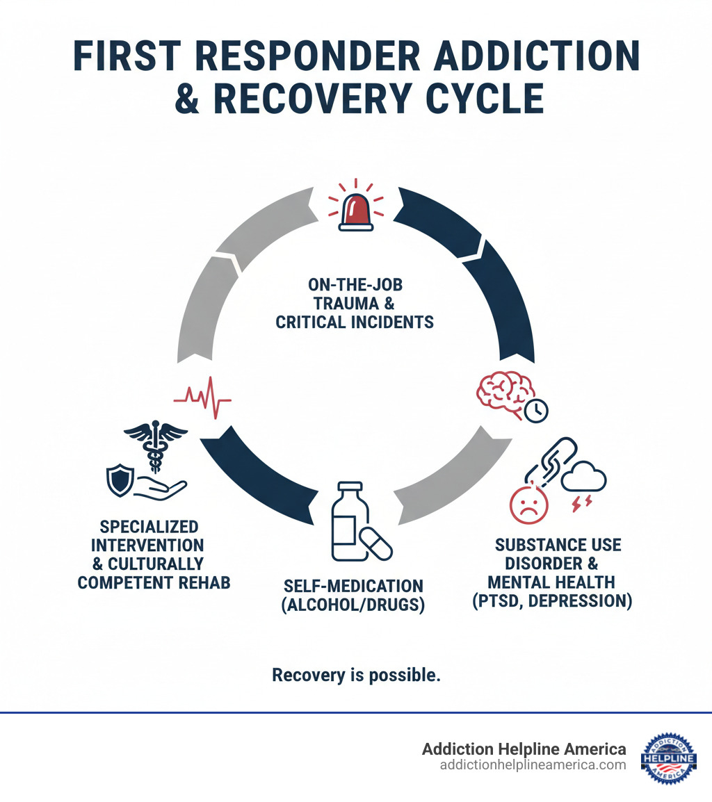 Infographic showing the cycle of first responder addiction: On-the-job trauma and critical incidents lead to chronic stress and hypervigilance, which leads to self-medication with alcohol or drugs as a coping mechanism, which develops into substance use disorder and mental health issues like PTSD and depression, creating a need for specialized intervention through culturally competent first responder rehab programs - First responder rehab infographic Infographic showing the cycle of first responder addiction: On-the-job trauma and critical incidents lead to chronic stress and hypervigilance, which leads to self-medication with alcohol or drugs as a coping mechanism, which develops into substance use disorder and mental health issues like PTSD and depression, creating a need for specialized intervention through culturally competent first responder rehab programs - First responder rehab infographic