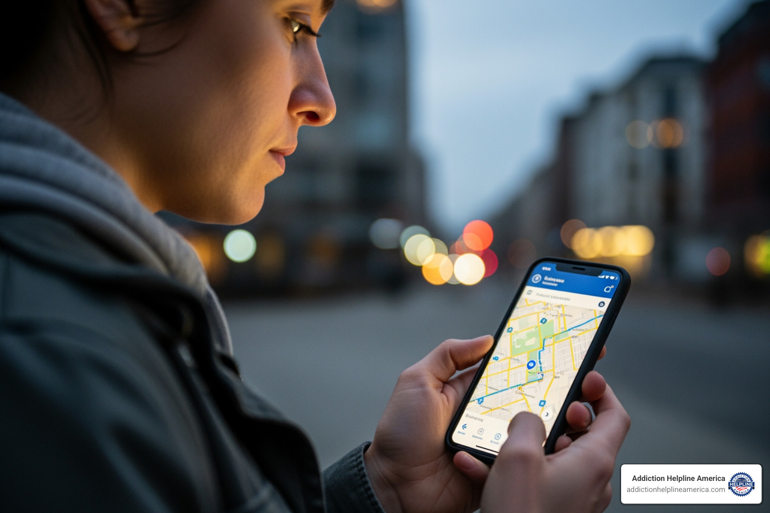 Person looking thoughtfully at a map on a phone - 60 day rehab near me Person looking thoughtfully at a map on a phone - 60 day rehab near me