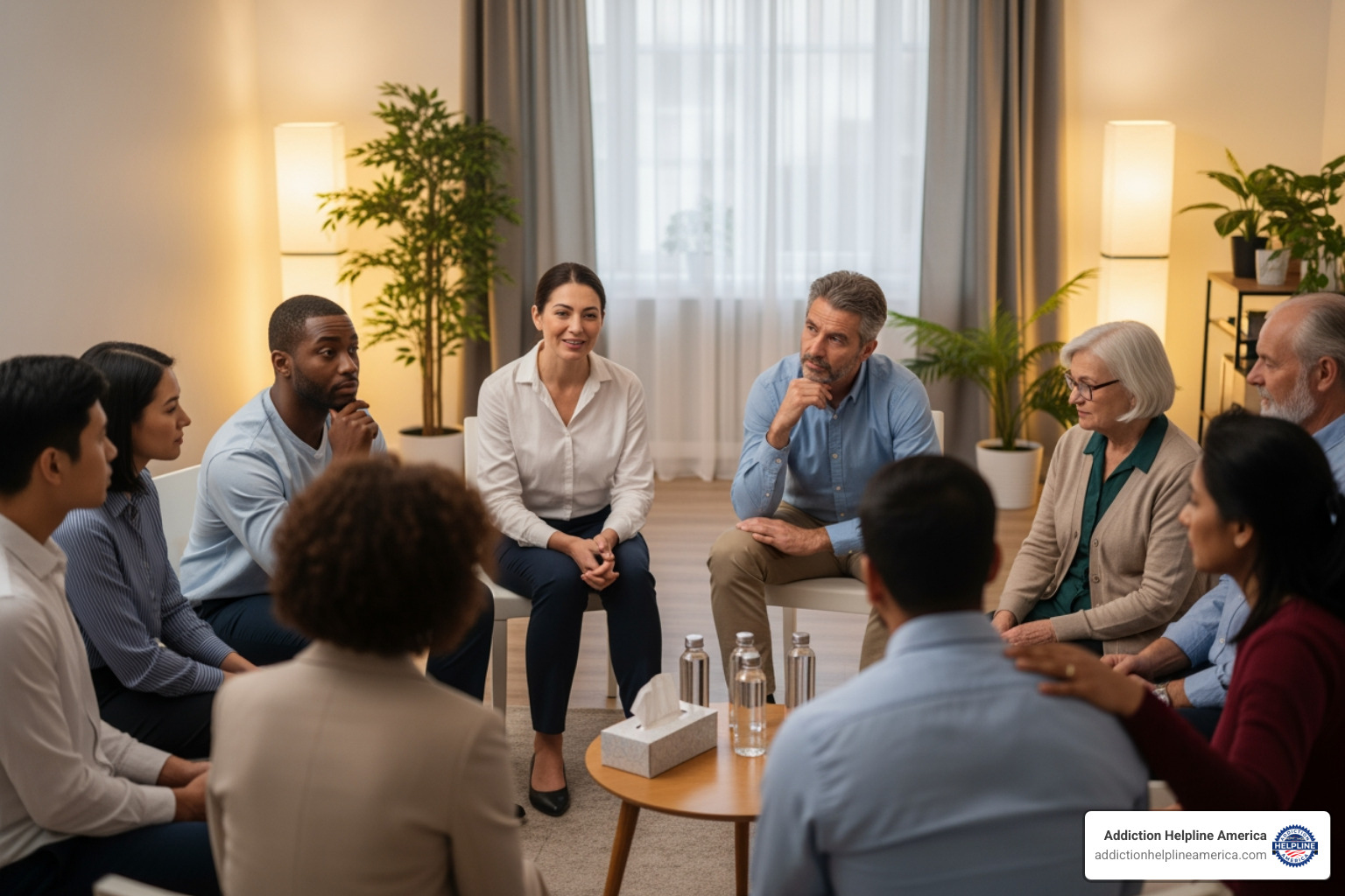 diverse group of people in a supportive group therapy circle - 6 month inpatient rehab programs in mo