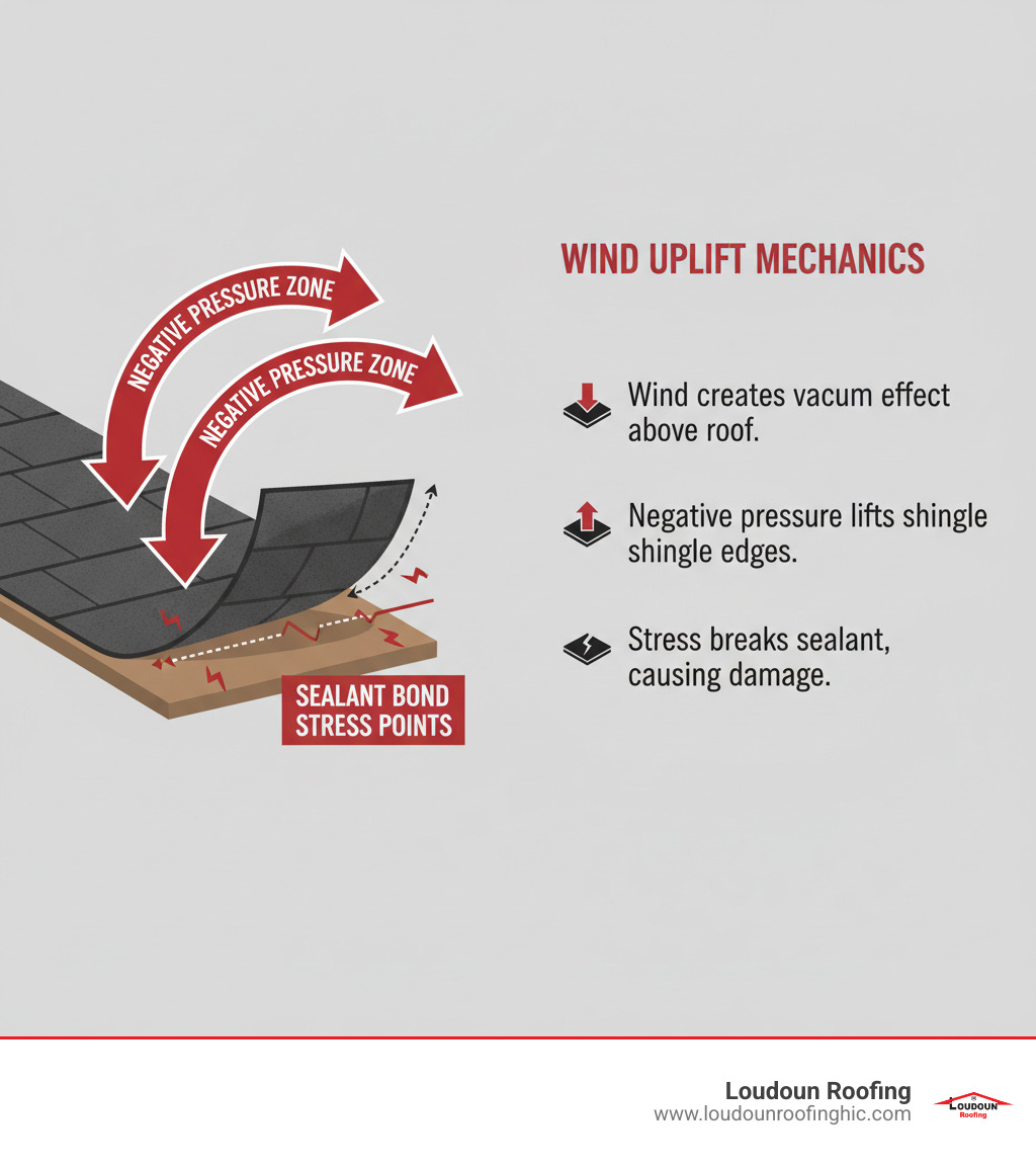 infographic showing wind uplift mechanics on roof shingles with arrows indicating negative pressure zones and sealant bond stress points - wind damage roof shingles infographic 