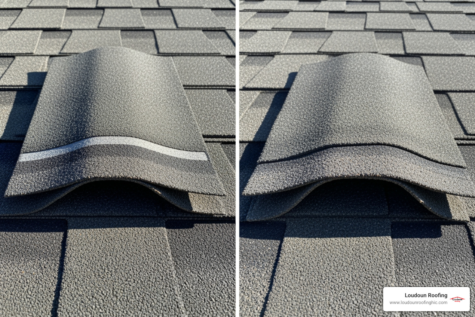 side-by-side comparison of a wind-creased shingle and a shingle with age-related clawing - wind damage roof shingles