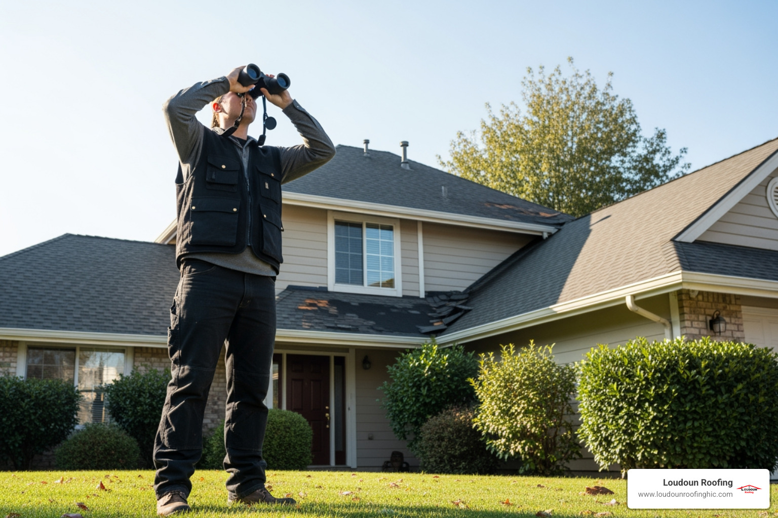 person safely on the ground using binoculars to inspect their roof - wind damage roof shingles