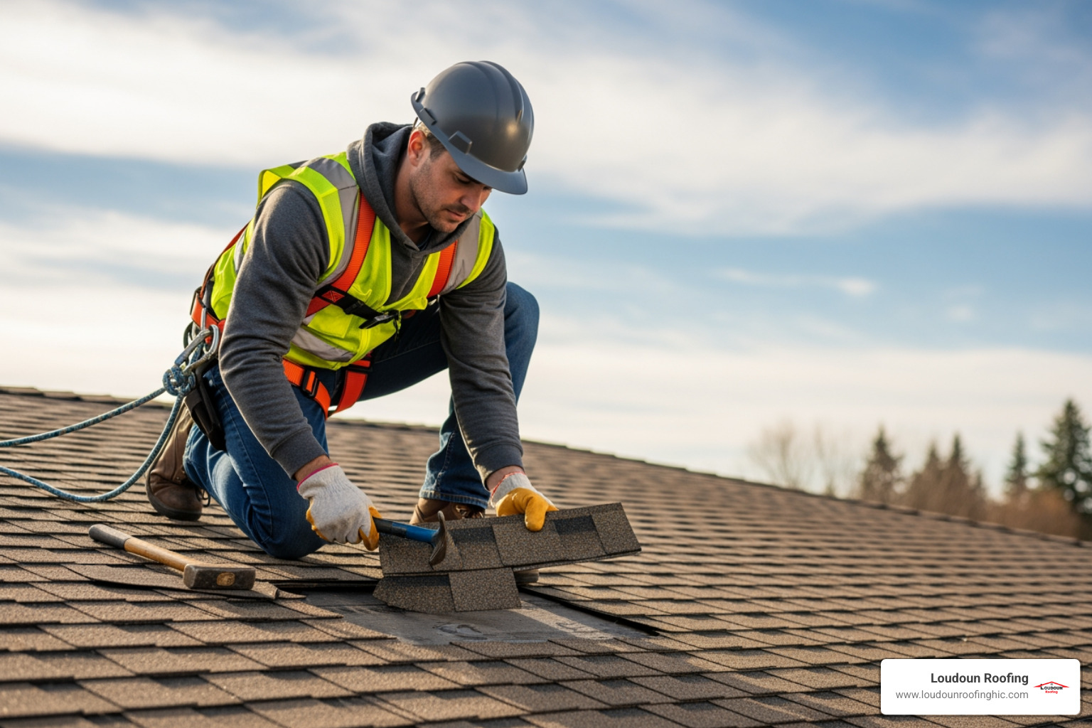 professional roofer safely replacing a damaged shingle - wind damage roof shingles