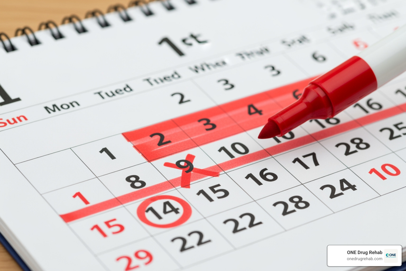 A calendar with days 1-10 highlighted to show the acute withdrawal phase - fentanyl detox treatment