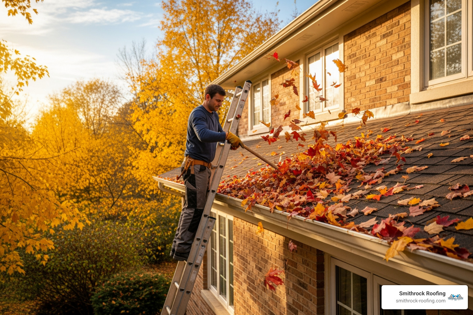 autumn leaves being cleared from a roof gutter - Roof maintenance High Point