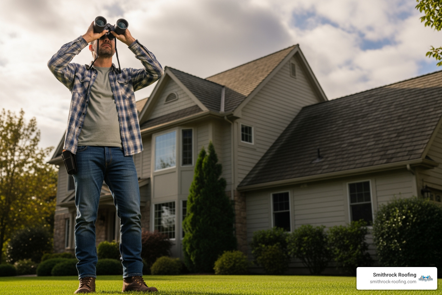 homeowner using binoculars to inspect their roof safely from the ground - Roof maintenance High Point