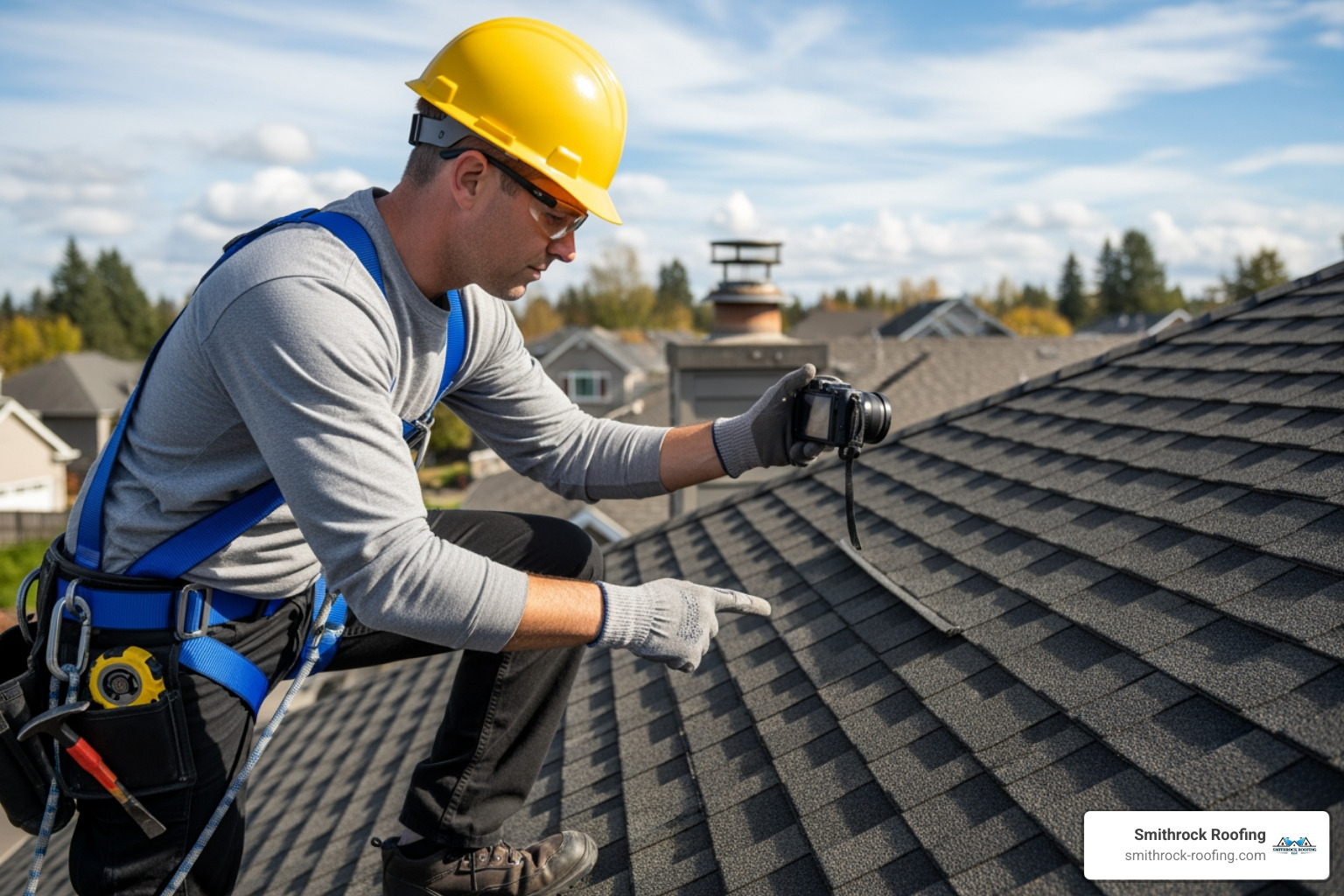 professional roofer in safety gear conducting a detailed roof inspection - Roof maintenance High Point