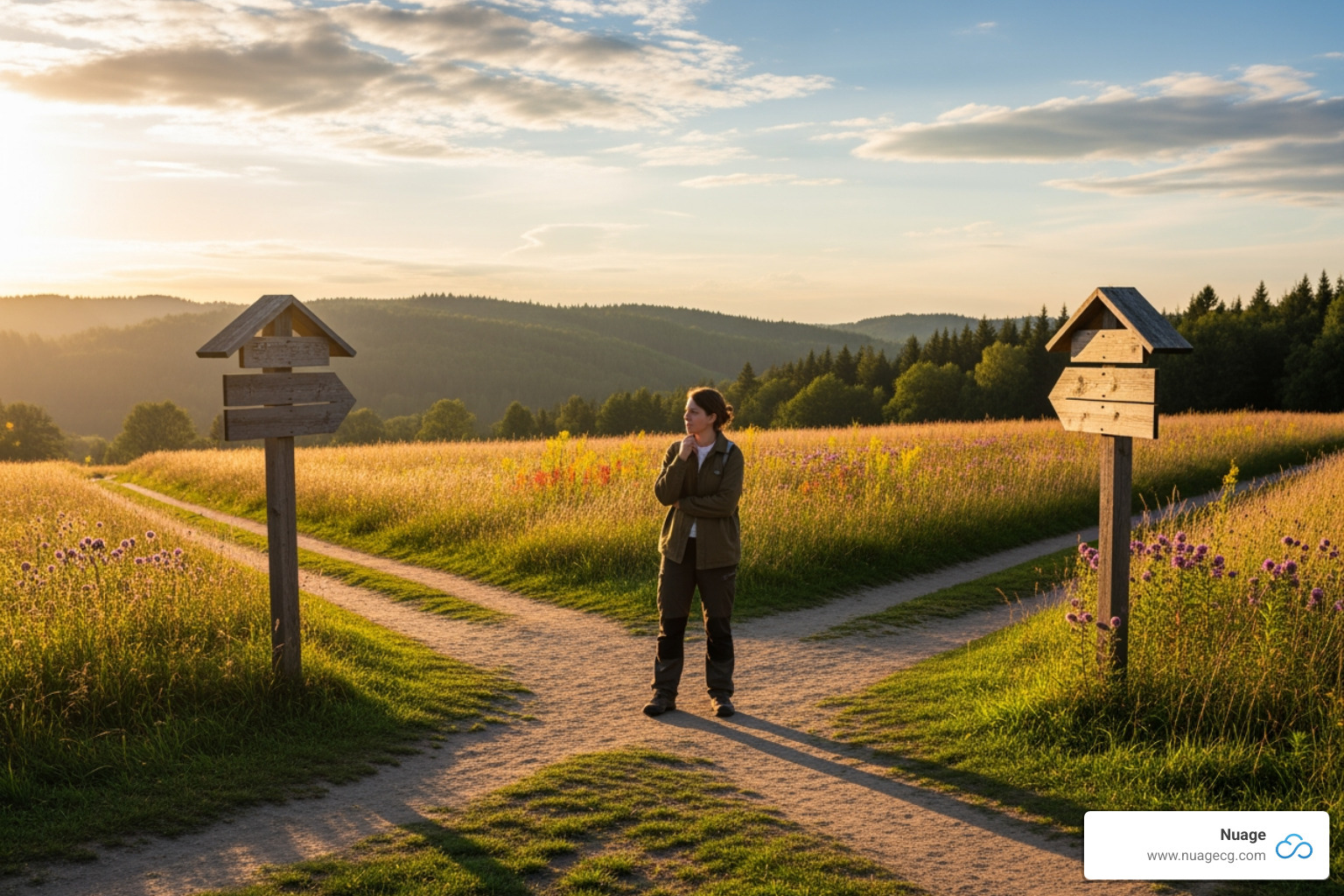 Person at a crossroads with signs for "Internal Team," "NetSuite ACS," and "Nuage Optimization Partner" - acs optimize netsuite