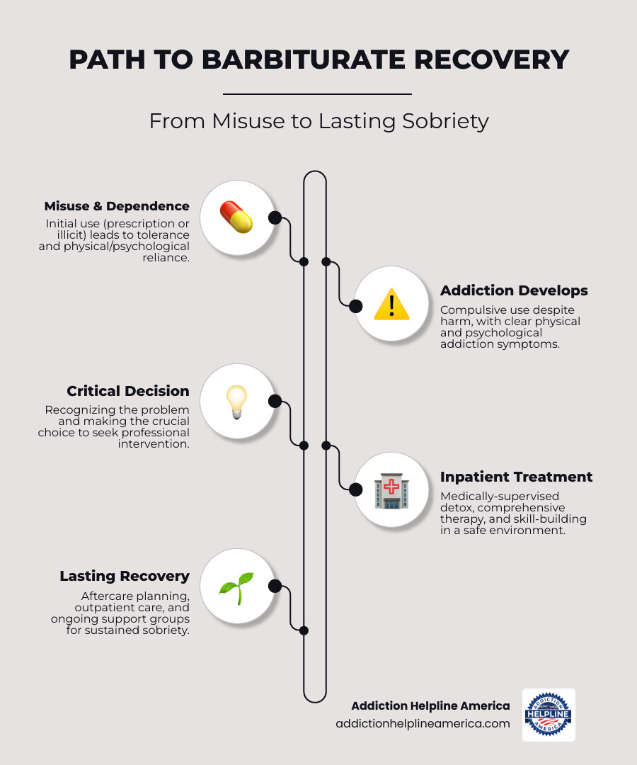Infographic showing the journey from barbiturate misuse to recovery: Starting with prescription or illicit use, leading to tolerance and dependence, progressing to addiction with physical and psychological symptoms, then the critical decision point to seek help, followed by medically-supervised detox in an inpatient setting, comprehensive therapy and skill-building, discharge with aftercare plan, and ongoing recovery support through outpatient care and support groups - barbiturates inpatient rehab program infographic infographic-line-5-steps-elegant_beige