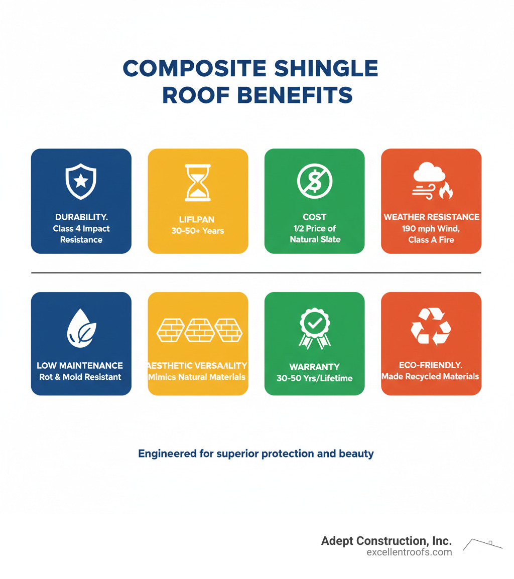 Infographic showing the key benefits of composite shingle roofs: Durability rating of Class 4 impact resistance, Lifespan of 30-50 years, Cost comparison showing half the price of natural slate, Weather resistance including wind speeds up to 190 mph and Class A fire rating, Low maintenance requirements with resistance to rot and mold, Aesthetic versatility mimicking slate, cedar shake, and clay tile, Warranty coverage of 30-50 years or lifetime, and Eco-friendly composition using recycled materials - composite shingle roof infographic Infographic showing the key benefits of composite shingle roofs: Durability rating of Class 4 impact resistance, Lifespan of 30-50 years, Cost comparison showing half the price of natural slate, Weather resistance including wind speeds up to 190 mph and Class A fire rating, Low maintenance requirements with resistance to rot and mold, Aesthetic versatility mimicking slate, cedar shake, and clay tile, Warranty coverage of 30-50 years or lifetime, and Eco-friendly composition using recycled materials - composite shingle roof infographic