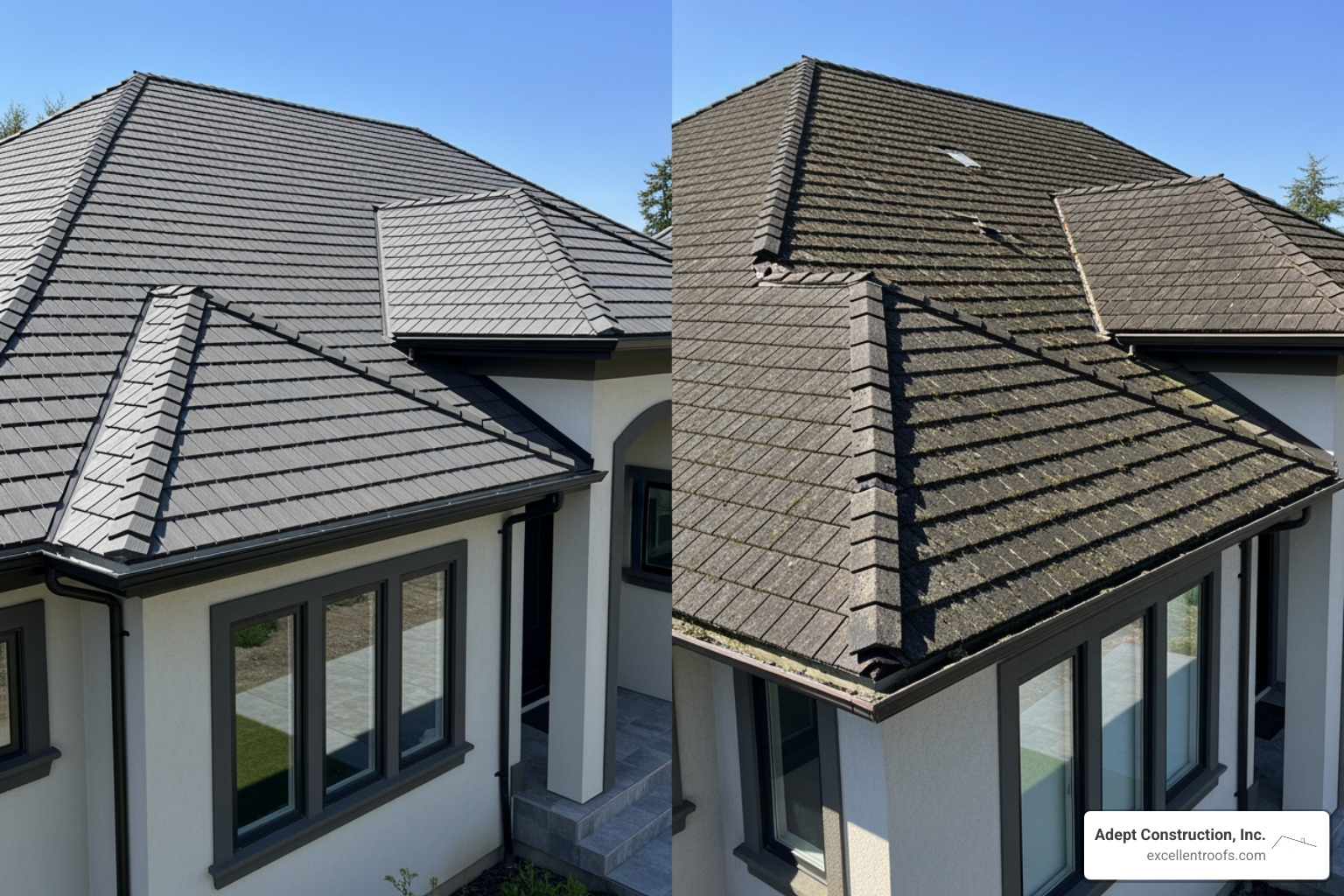 Split-screen showing a beautiful composite shake roof on one side and a weathered, old roof on the other - composite shingle roof Split-screen showing a beautiful composite shake roof on one side and a weathered, old roof on the other - composite shingle roof