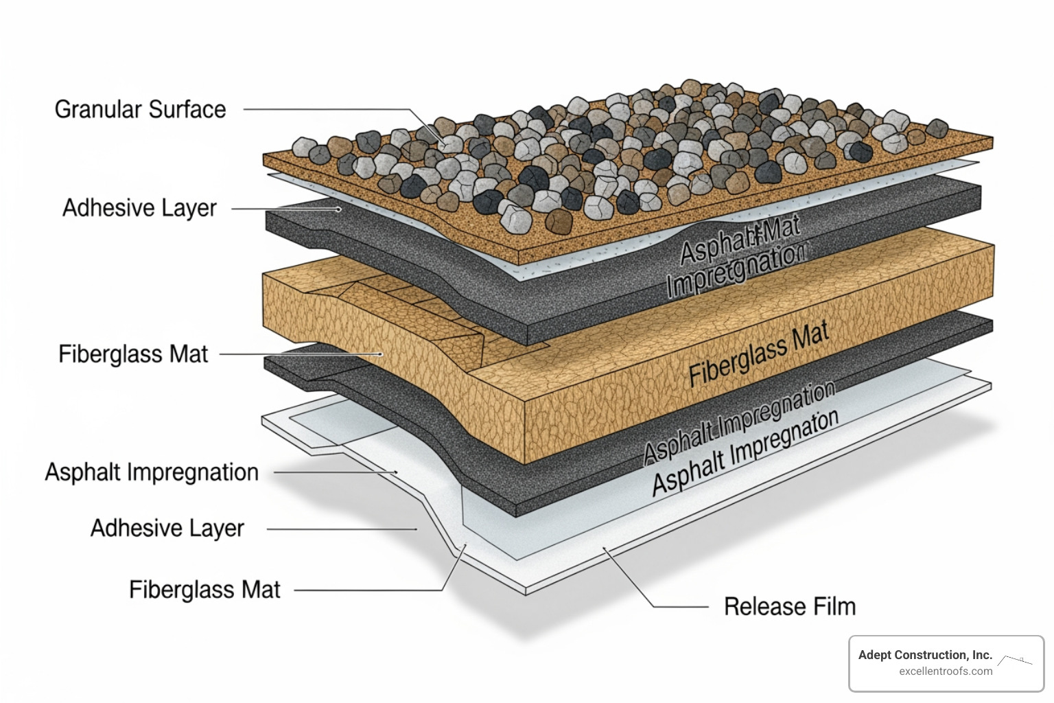 Diagram showing the layers of a composite shingle, highlighting its core, coating, and granules - composite shingle roof Diagram showing the layers of a composite shingle, highlighting its core, coating, and granules - composite shingle roof