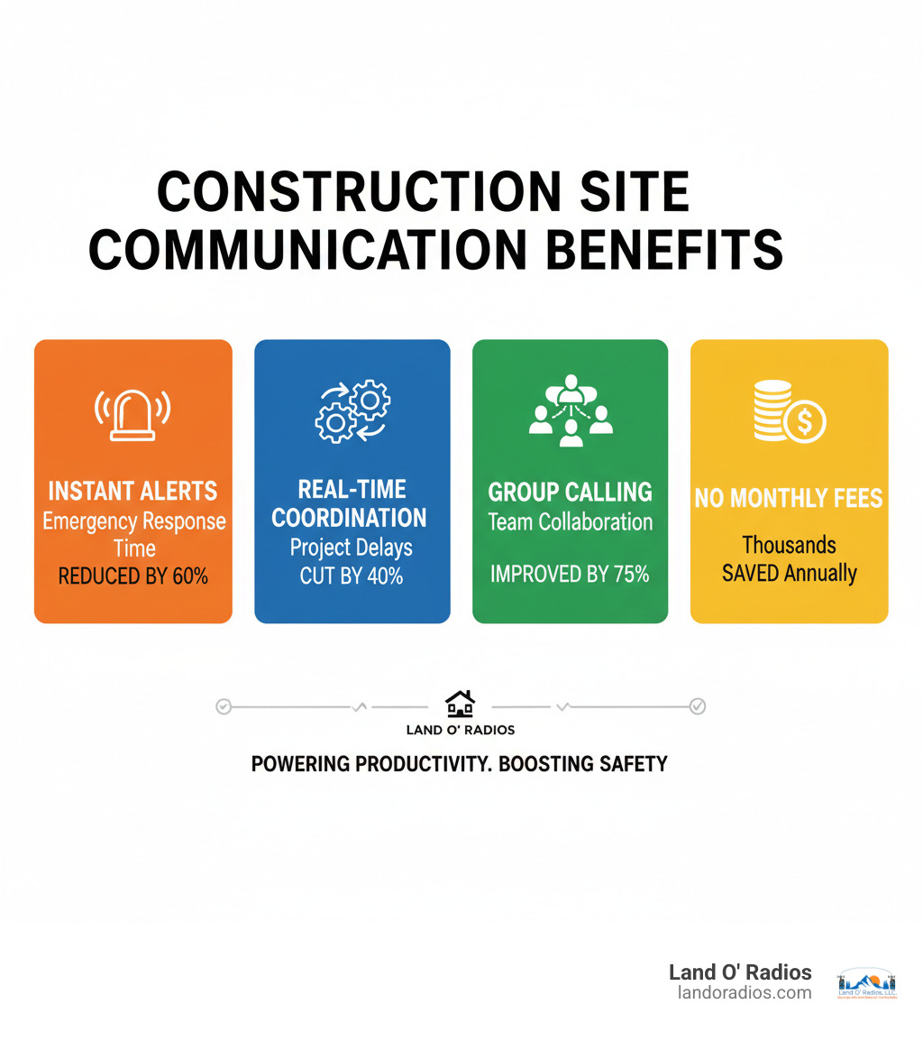 Infographic showing construction site communication benefits: instant alerts reduce emergency response time by 60%, real-time coordination cuts project delays by 40%, group calling improves team collaboration by 75%, and no monthly fees save construction companies thousands annually compared to cellular plans - two-way radios for construction infographic 