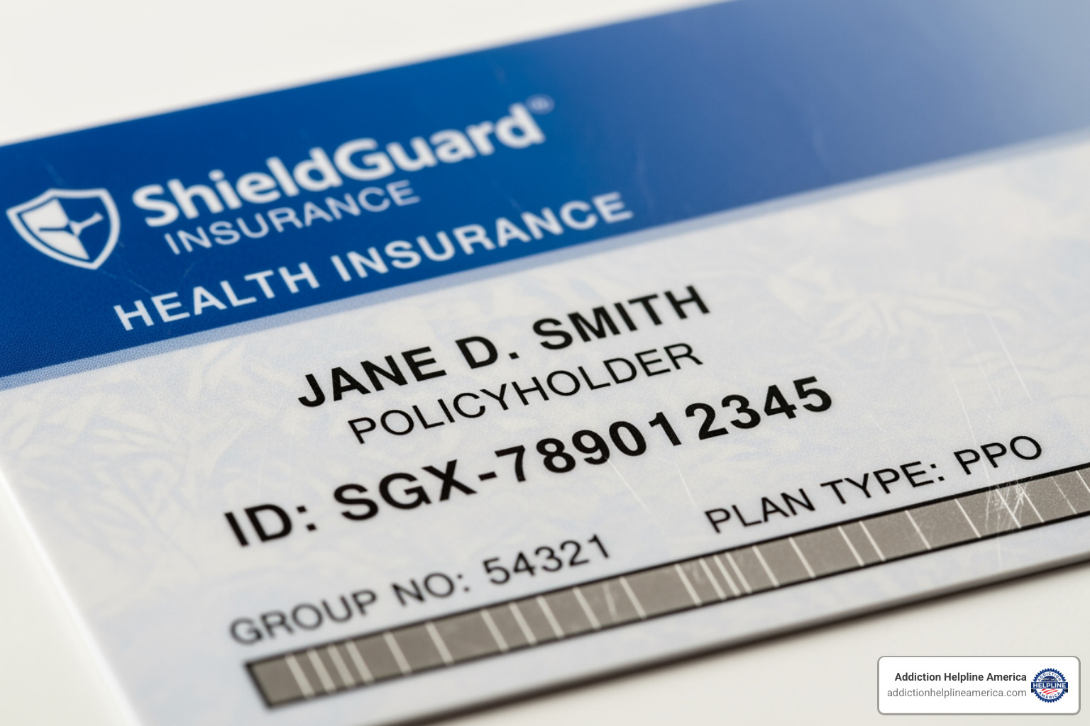 insurance card with key information highlighted - Verify rehab insurance