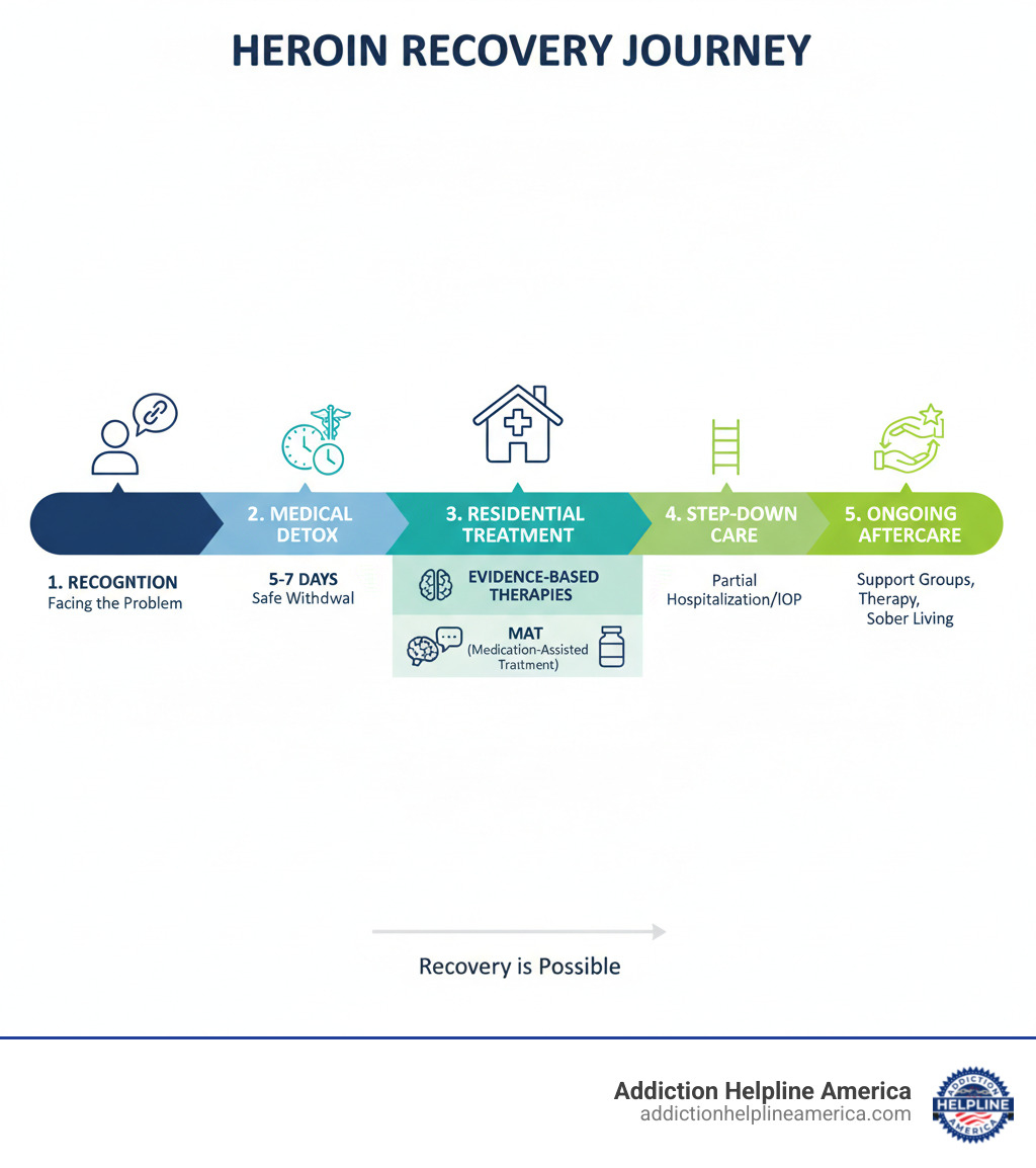 Infographic showing the complete journey from heroin addiction through inpatient rehab to long-term recovery, including stages: recognition of addiction, medical detox (5-7 days), residential treatment (30-90 days), evidence-based therapies and MAT, step-down care, and ongoing aftercare support - Inpatient heroin rehab infographic Infographic showing the complete journey from heroin addiction through inpatient rehab to long-term recovery, including stages: recognition of addiction, medical detox (5-7 days), residential treatment (30-90 days), evidence-based therapies and MAT, step-down care, and ongoing aftercare support - Inpatient heroin rehab infographic