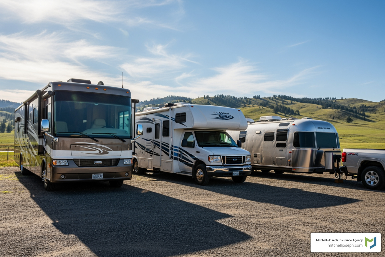 Class A motorhome, a Class C motorhome, and a travel trailer side-by-side - RV Insurance Cost Class A motorhome, a Class C motorhome, and a travel trailer side-by-side - RV Insurance Cost