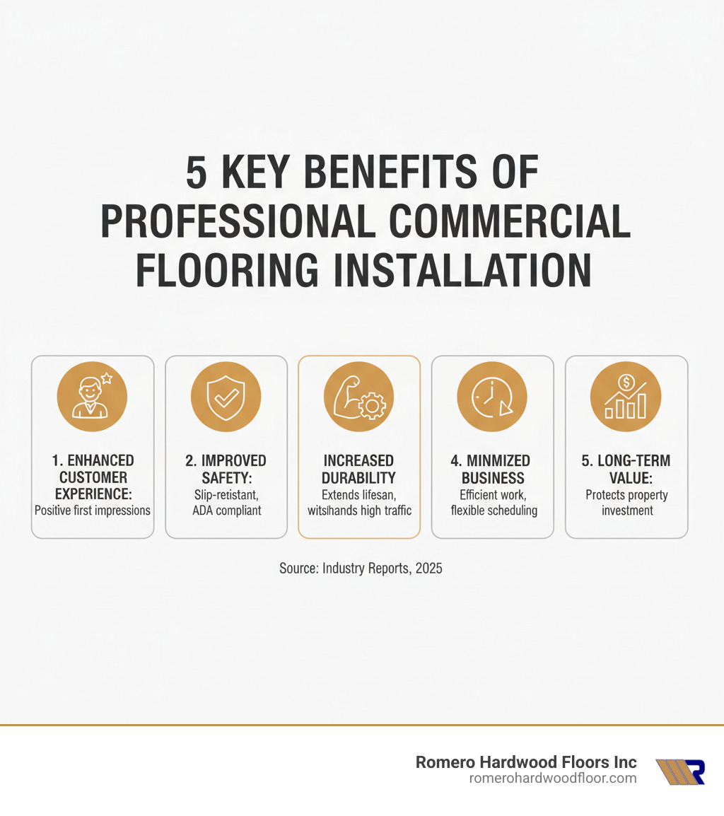 Infographic showing 5 key benefits of professional commercial flooring installation: 1) Enhanced Customer Experience - professional appearance creates positive first impressions, 2) Improved Safety - slip-resistant materials reduce accidents and meet ADA compliance, 3) Increased Durability - proper installation extends floor lifespan and withstands high traffic, 4) Minimized Business Disruption - expert installers work efficiently with flexible scheduling, 5) Long-term Value - quality materials and workmanship protect your property investment - commercial floor installers near me infographic 