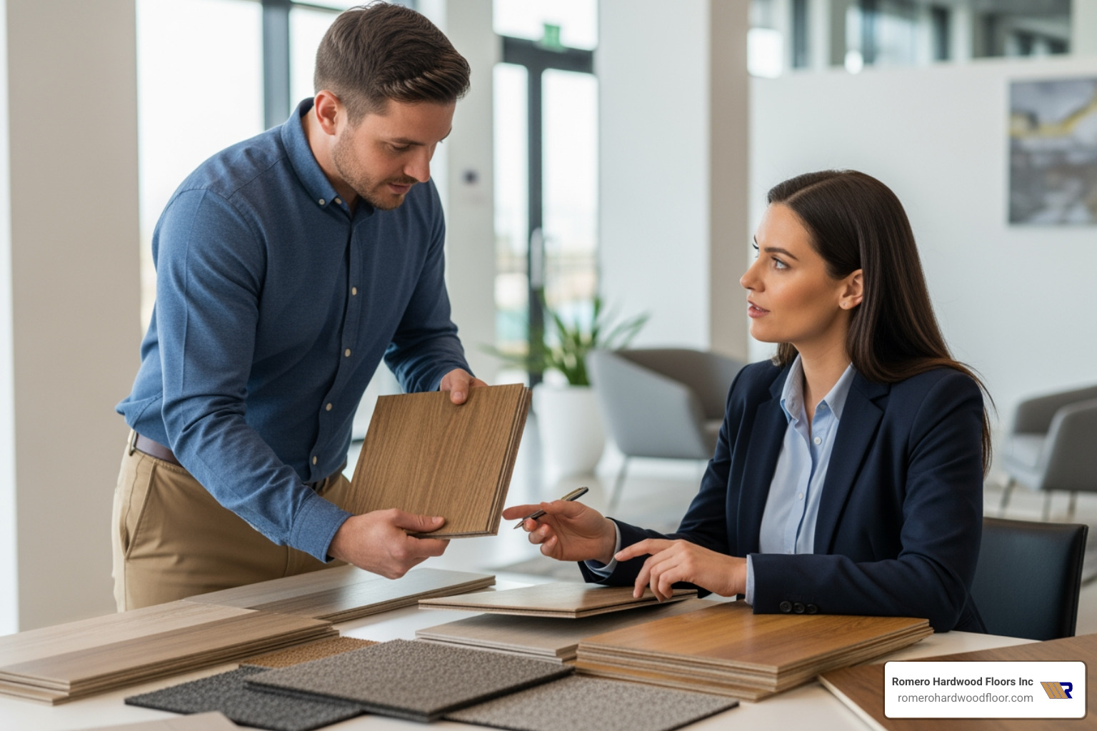 contractor consulting with a business owner over flooring samples - commercial floor installers near me