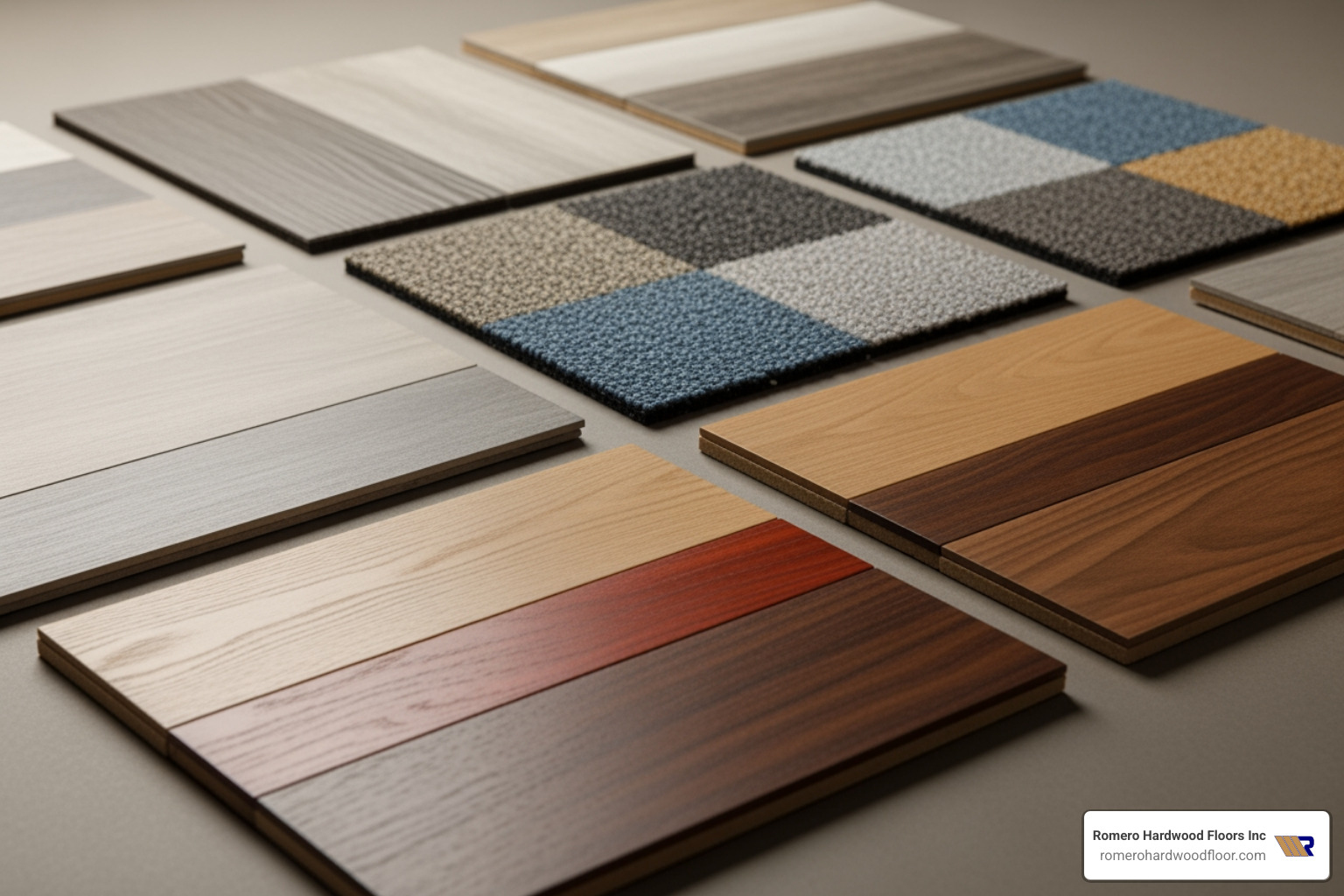 various commercial flooring samples like LVT, carpet tile, and hardwood - commercial floor installers near me