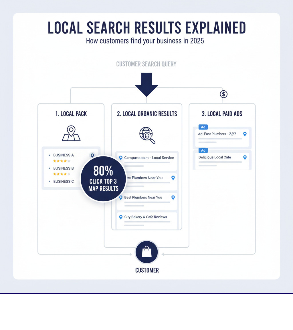 Infographic showing the three types of local search results: Local Pack (map with top 3 businesses), Local Organic Results (regular website listings with location relevance), and Local Paid Ads (sponsored results at the top). Visual flow shows how a customer search query flows through these three result types, with statistics showing 80% of customers click the top 3 map results. - local search engine optimization companies infographic 