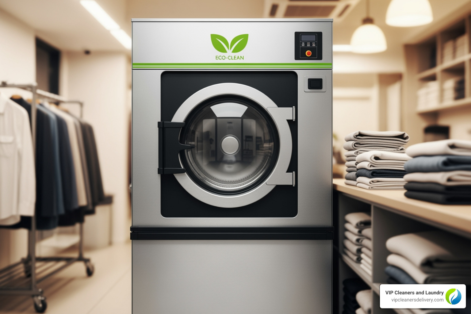 green leaf symbol over a dry cleaning machine - Dry cleaners San Diego