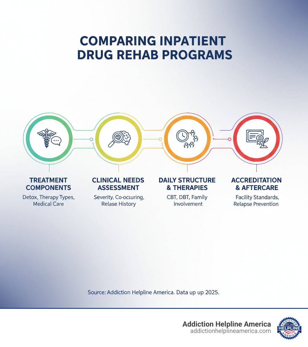 Infographic showing key comparison factors for inpatient drug rehab programs: 1) Treatment components (detox, therapy types, medical care), 2) Clinical needs assessment (addiction severity, co-occurring disorders, relapse history), 3) Daily structure and therapies offered (CBT, DBT, family involvement), 4) Cost and insurance coverage options, 5) Facility accreditation and aftercare planning - inpatient drug rehab programs infographic 