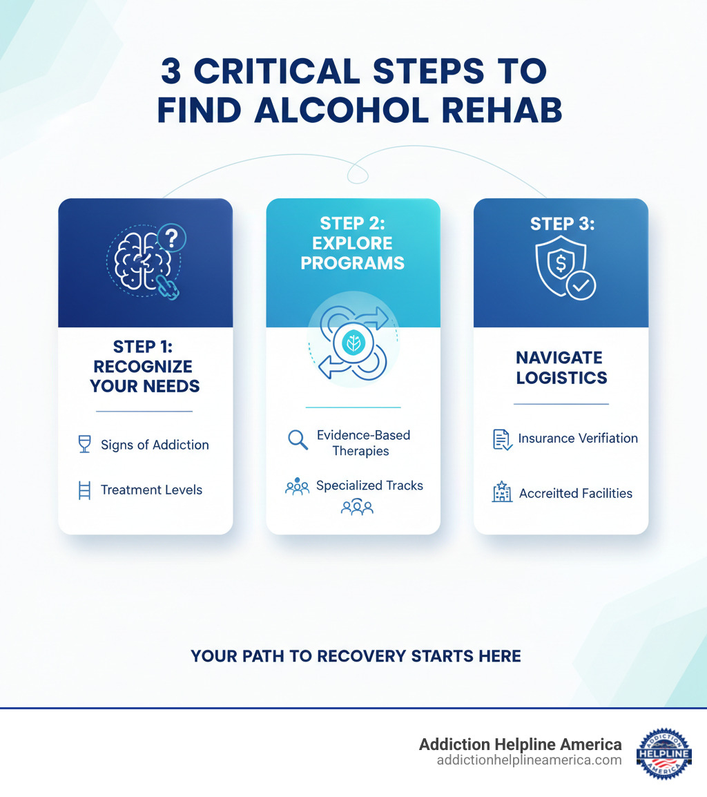 infographic showing three critical steps to find alcohol rehab: Step 1 - Recognize the Need and Understand Your Options including signs of addiction and treatment levels; Step 2 - Explore Treatment Programs including evidence-based therapies and specialized tracks; Step 3 - Navigate Costs and Insurance including verification of benefits and choosing accredited facilities - rehabs for alcohol near me infographic infographic showing three critical steps to find alcohol rehab: Step 1 - Recognize the Need and Understand Your Options including signs of addiction and treatment levels; Step 2 - Explore Treatment Programs including evidence-based therapies and specialized tracks; Step 3 - Navigate Costs and Insurance including verification of benefits and choosing accredited facilities - rehabs for alcohol near me infographic