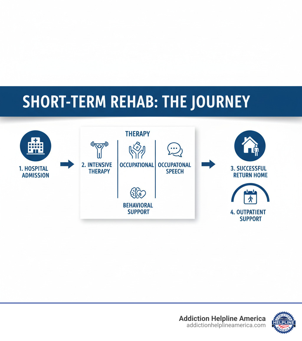 infographic showing the short-term rehab journey from hospital admission through intensive therapy to successful return home with outpatient support - short term rehab centers near me infographic 