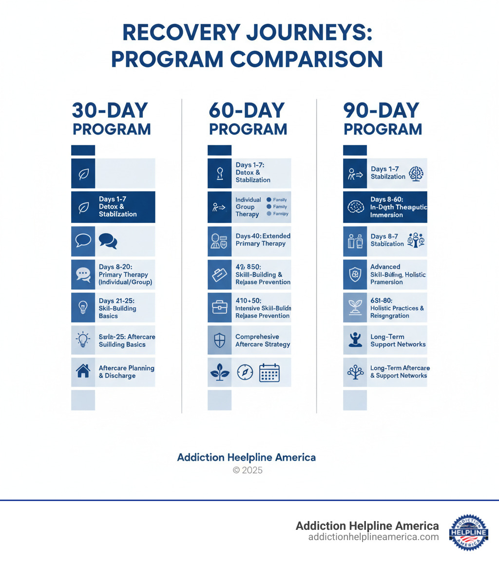 Infographic showing comparison of 30-day, 60-day, and 90-day rehab programs with timelines for detox, therapy phases, skill-building, and aftercare planning across each duration - 60 day rehabs near me infographic 