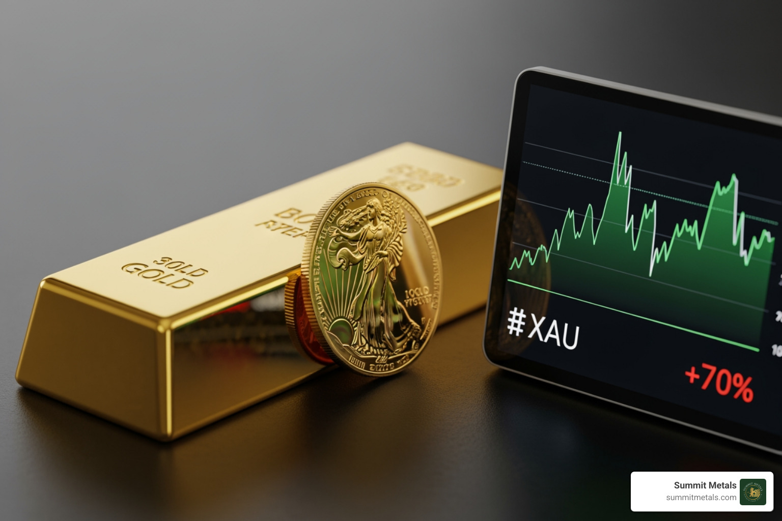 A gold bar, a gold coin (like an American Eagle), and a stock chart on a screen representing different gold investment options - Where to buy gold bars