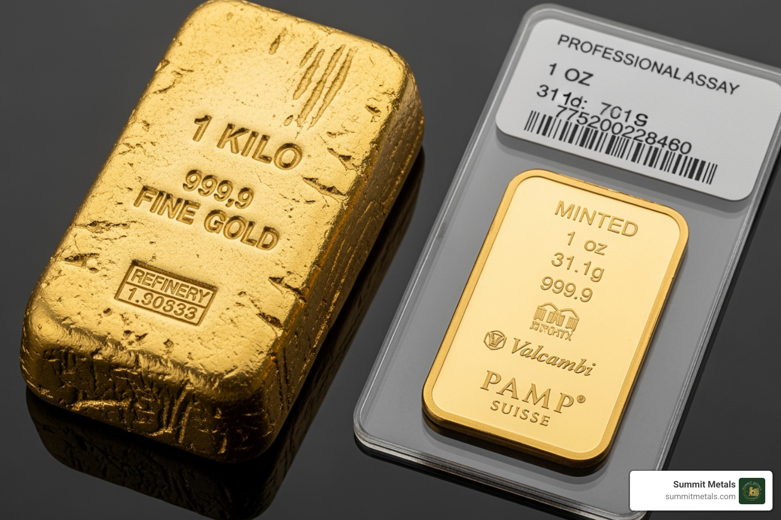 A cast gold bar next to a sleek, minted gold bar in assay packaging - Where to buy gold bars
