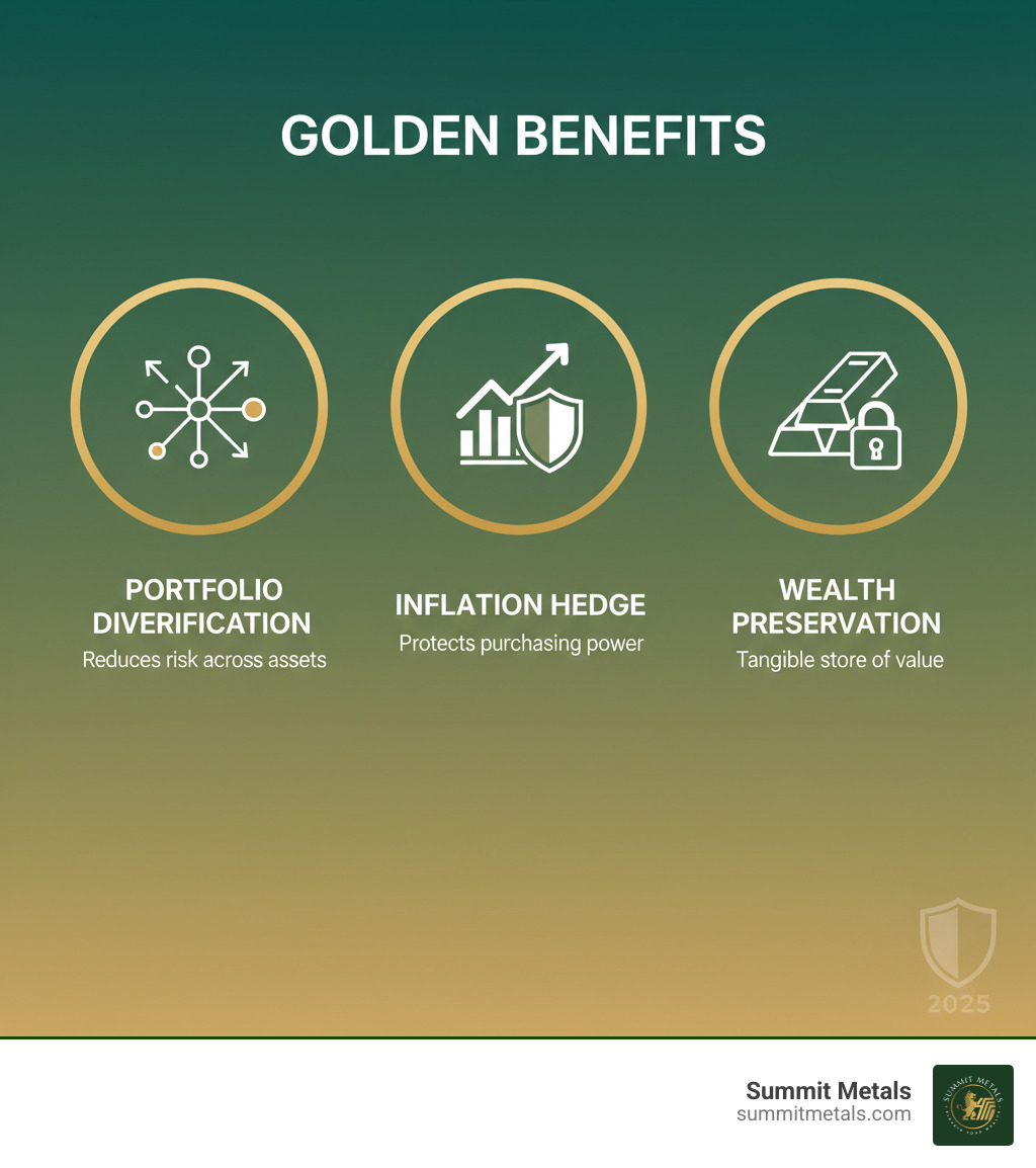 Infographic explaining three core benefits of physical gold investment: portfolio diversification, inflation hedge, and wealth preservation - Where to buy gold bars infographic 