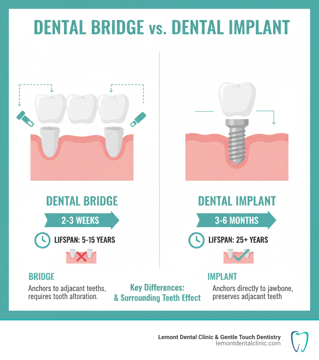 infographic comparing dental bridge structure with three crowns connected across a gap versus dental implant with titanium post in jawbone topped with single crown, showing key differences in how each anchors to jaw and affects surrounding teeth, timeline comparison showing 2-3 weeks for bridge versus 3-6 months for implant, and lifespan showing 5-15 years for bridge versus 25+ years for implant - dental bridge vs implant infographic 
