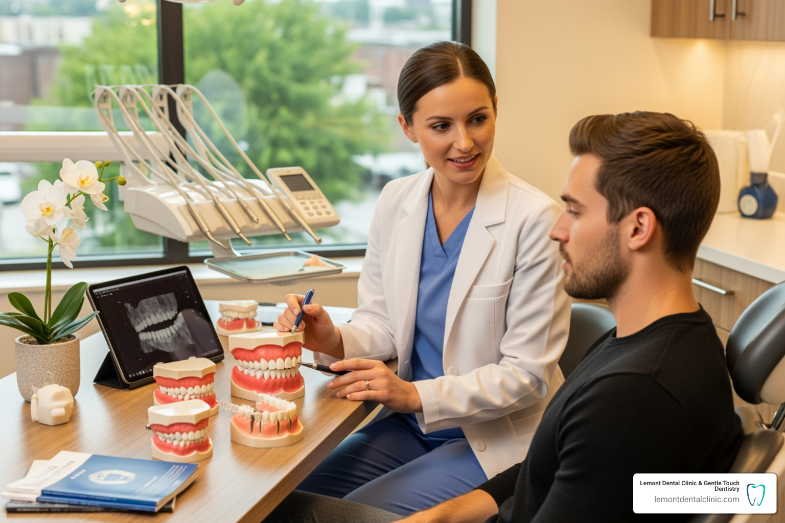 dentist and patient reviewing dental models - dental bridge vs implant