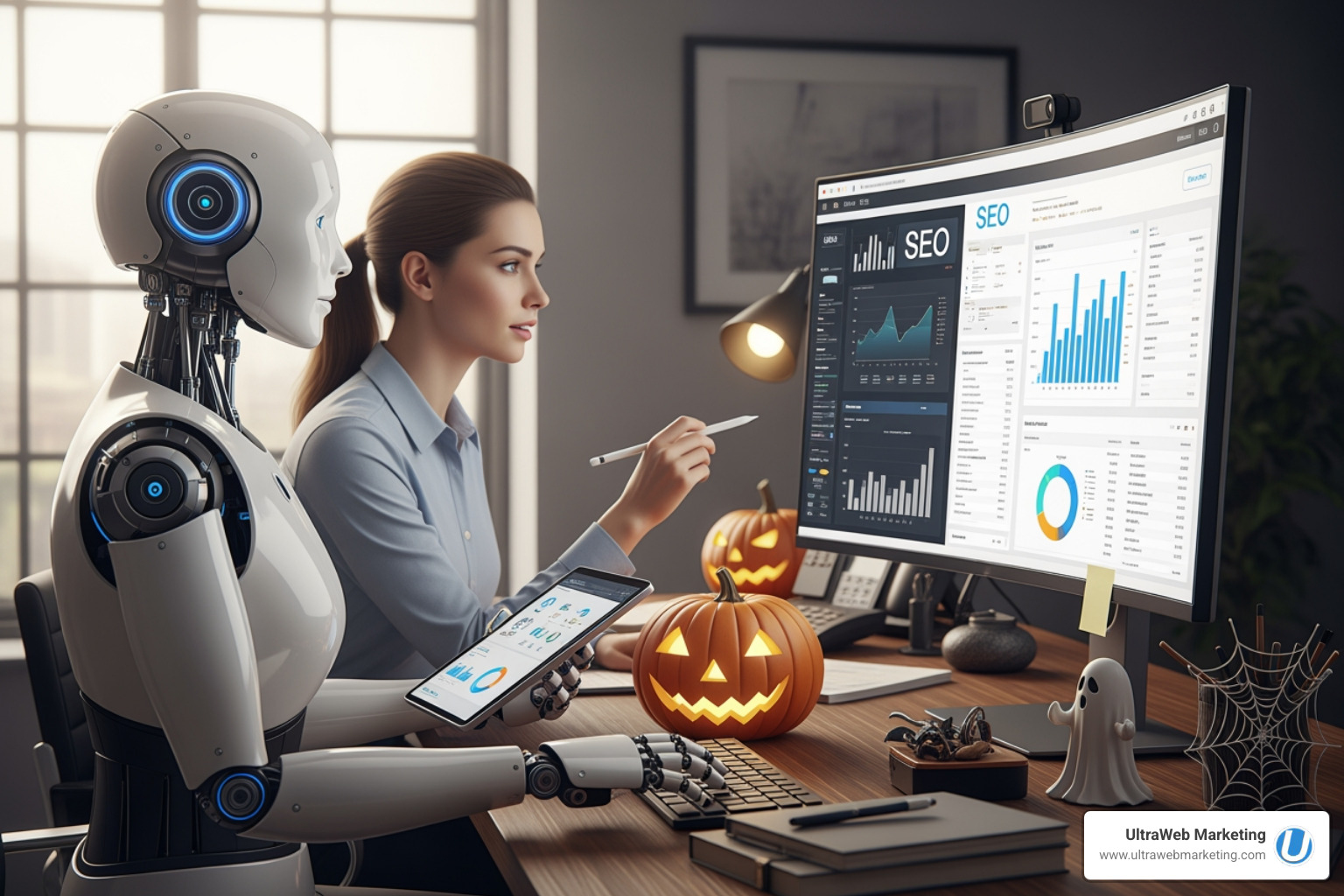 AI robot and a human collaborating on SEO strategies, with a friendly pumpkin nearby - Small Business SEO AI robot and a human collaborating on SEO strategies, with a friendly pumpkin nearby - Small Business SEO