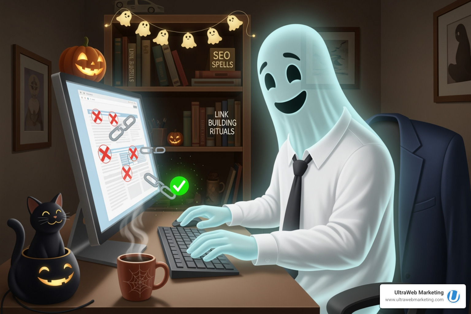 Ghostly figure fixing broken website links with a friendly smile - Small Business SEO Ghostly figure fixing broken website links with a friendly smile - Small Business SEO