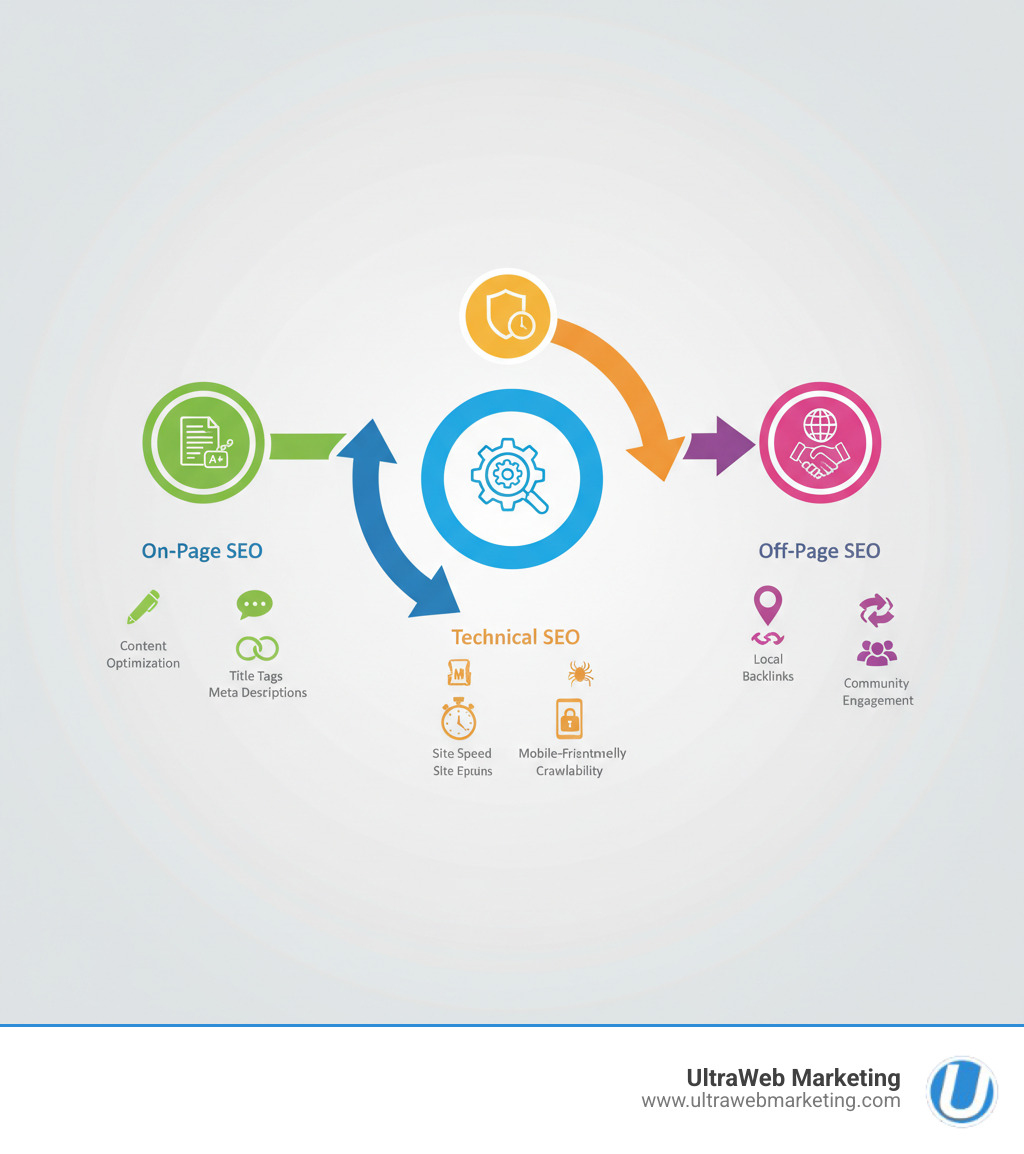 Infographic explaining the three pillars of SEO: On-Page SEO (including content optimization, title tags, meta descriptions, and internal linking), Technical SEO (including site speed, mobile-friendliness, security, and crawlability), and Off-Page SEO (including backlinks, local citations, and community engagement) - Small Business SEO infographic Infographic explaining the three pillars of SEO: On-Page SEO (including content optimization, title tags, meta descriptions, and internal linking), Technical SEO (including site speed, mobile-friendliness, security, and crawlability), and Off-Page SEO (including backlinks, local citations, and community engagement) - Small Business SEO infographic