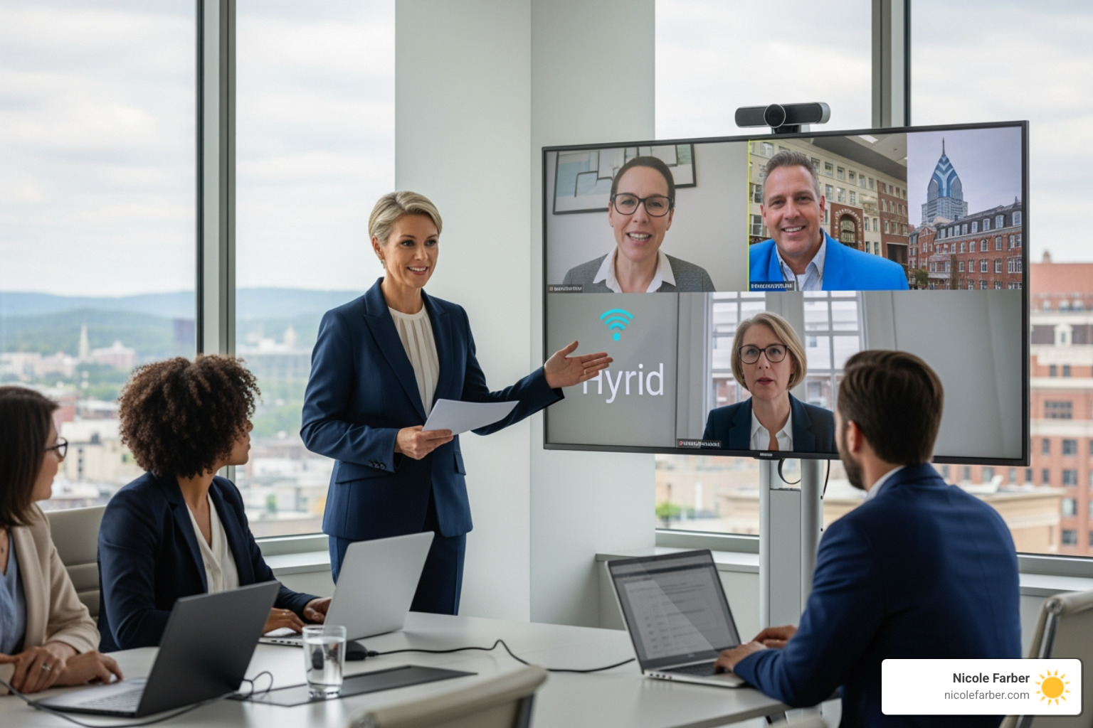 A leader facilitating a hybrid meeting with both in-person and remote participants in Philadelphia or Luzerne County - Develop executive presence