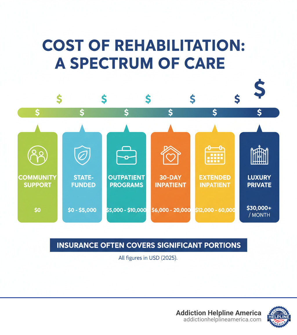 Infographic showing the range of rehab costs: Free community-based programs and support groups at $0, state-funded rehab with sliding scale from $0-$5,000, standard outpatient programs at $5,000-$10,000, standard 30-day inpatient at $6,000-$20,000, extended 60-90 day inpatient at $12,000-$60,000, and luxury private facilities starting at $30,000+ per month, with note that insurance often covers significant portions of these costs - how much do drug rehab centers cost infographic Infographic showing the range of rehab costs: Free community-based programs and support groups at $0, state-funded rehab with sliding scale from $0-$5,000, standard outpatient programs at $5,000-$10,000, standard 30-day inpatient at $6,000-$20,000, extended 60-90 day inpatient at $12,000-$60,000, and luxury private facilities starting at $30,000+ per month, with note that insurance often covers significant portions of these costs - how much do drug rehab centers cost infographic