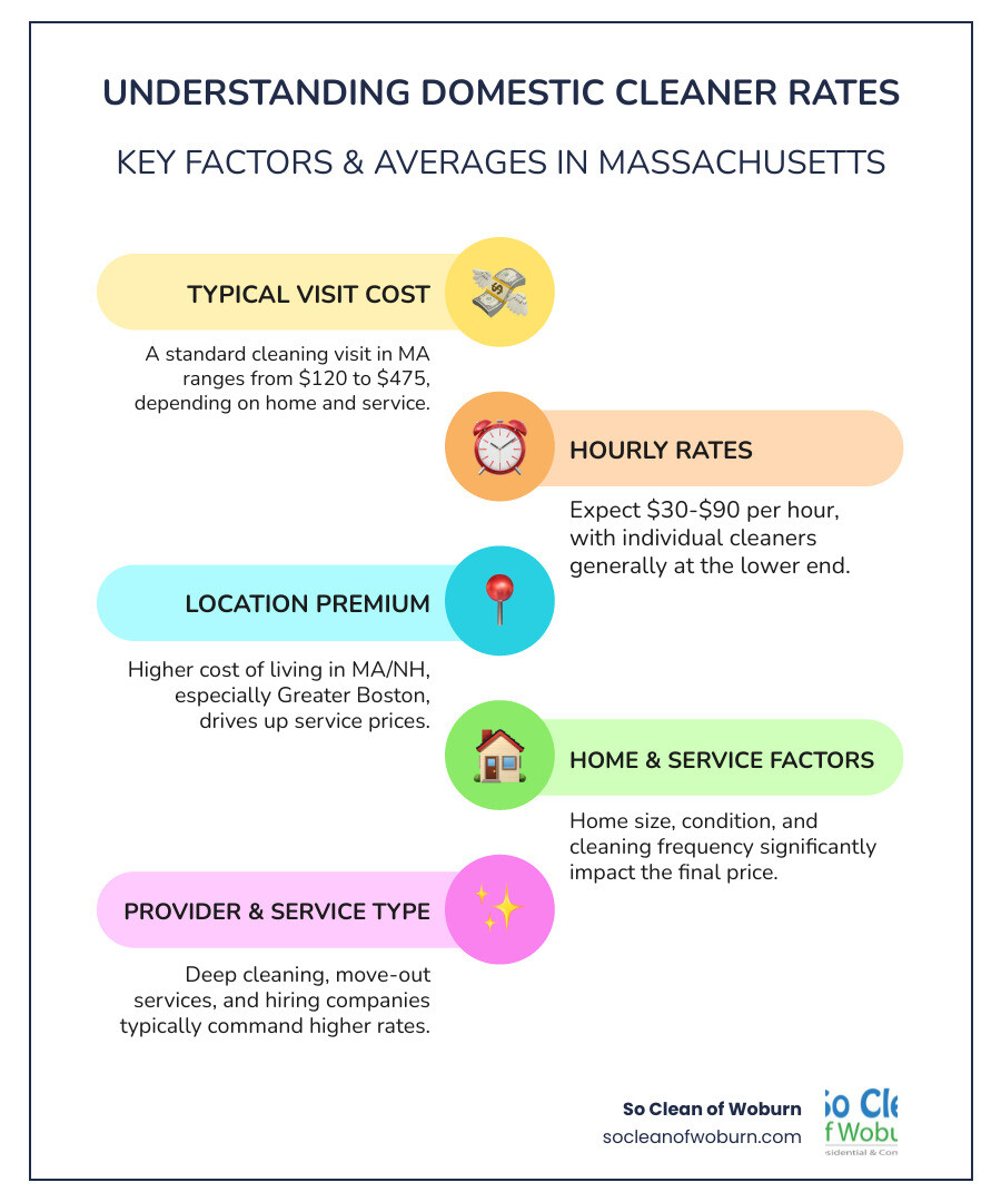 infographic showing average domestic cleaner rates breakdown: hourly rates ($30-$90), per-visit costs ($120-$475), factors affecting price (home size, frequency, location, service type), and cost comparison between individual cleaners and companies in Massachusetts - domestic cleaner rates infographic infographic-line-5-steps-colors infographic showing average domestic cleaner rates breakdown: hourly rates ($30-$90), per-visit costs ($120-$475), factors affecting price (home size, frequency, location, service type), and cost comparison between individual cleaners and companies in Massachusetts - domestic cleaner rates infographic infographic-line-5-steps-colors