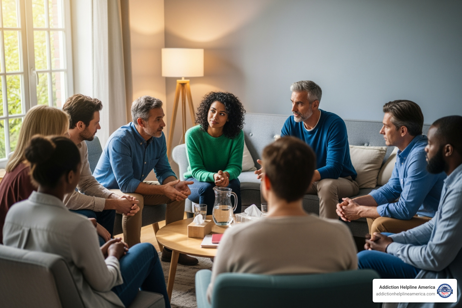 Diverse group of people in a group therapy setting, representing various backgrounds and special populations, engaging in open discussion - accredited rehab centers Diverse group of people in a group therapy setting, representing various backgrounds and special populations, engaging in open discussion - accredited rehab centers