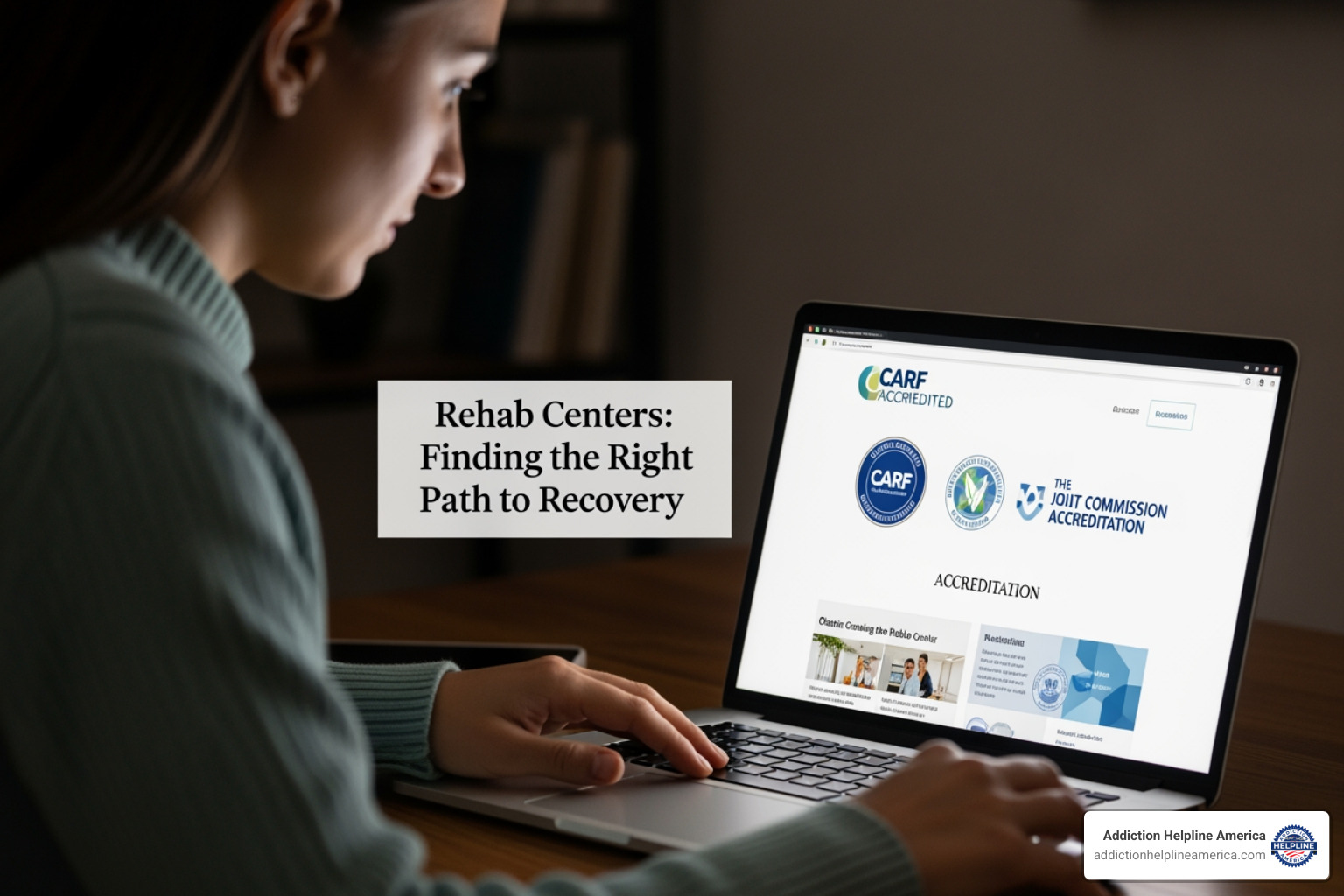 Person researching accredited rehab centers on a laptop, with accreditation seals visible on the screen - accredited rehab centers Person researching accredited rehab centers on a laptop, with accreditation seals visible on the screen - accredited rehab centers