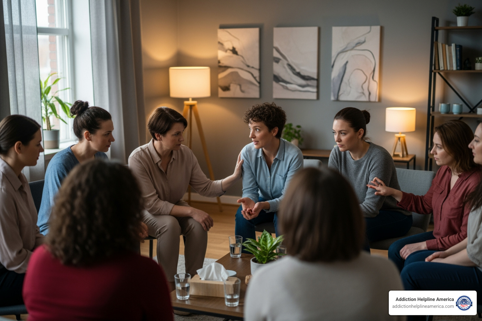group therapy session with women actively participating and supporting each other - residential treatment women