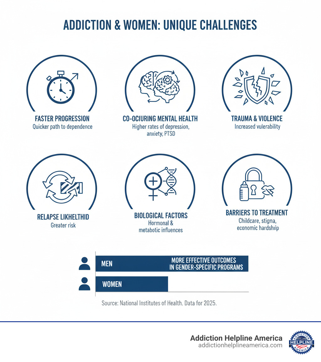 infographic showing statistics on how addiction affects women differently including faster progression to addiction, higher rates of co-occurring mental health disorders, increased vulnerability to trauma and violence, greater likelihood of relapse, unique biological factors affecting substance use, and barriers to treatment like childcare and stigma - residential treatment women infographic 