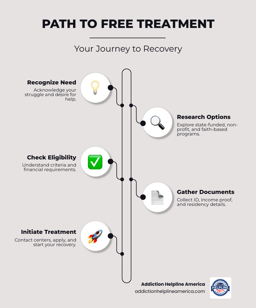 infographic showing the path from recognizing addiction to finding free treatment: 1. Recognize need for help, 2. Research free treatment options (government-funded, non-profit, faith-based), 3. Check eligibility requirements, 4. Gather required documents (ID, proof of income, residency), 5. Contact facilities or call helpline, 6. Begin treatment journey - free drug treatment centers near me infographic infographic-line-5-steps-elegant_beige